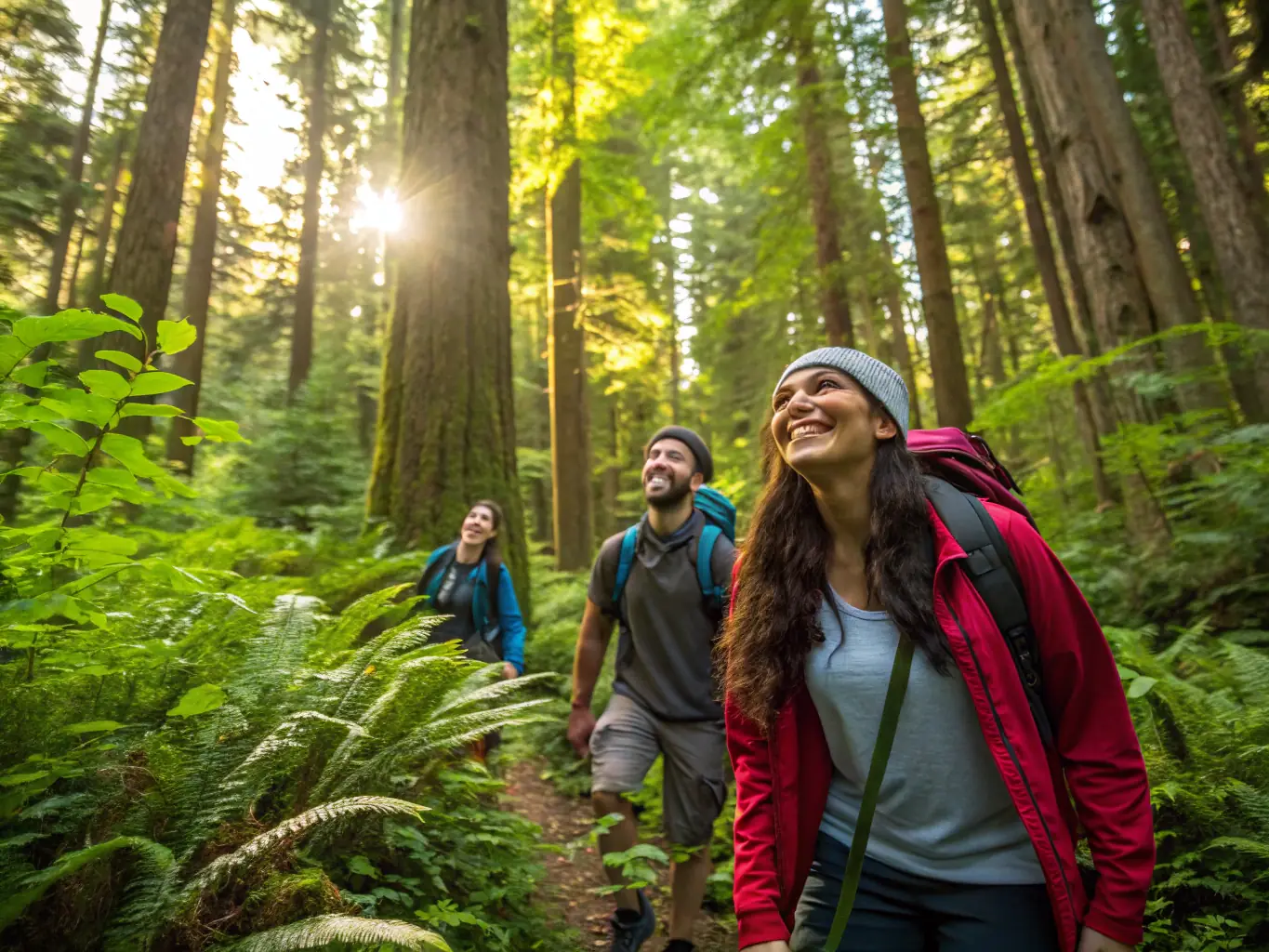 A dynamic shot of a group of travelers hiking through a lush rainforest in Costa Rica, highlighting the camaraderie and adventure of Lizana World Travel's group tours.