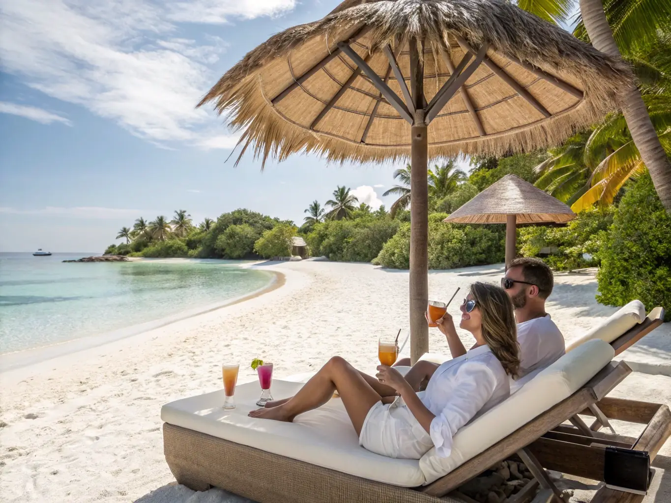 A serene image of a couple enjoying a private beach at a luxury resort in the Maldives, showcasing the exclusivity and relaxation of Lizana World Travel's luxury travel packages.