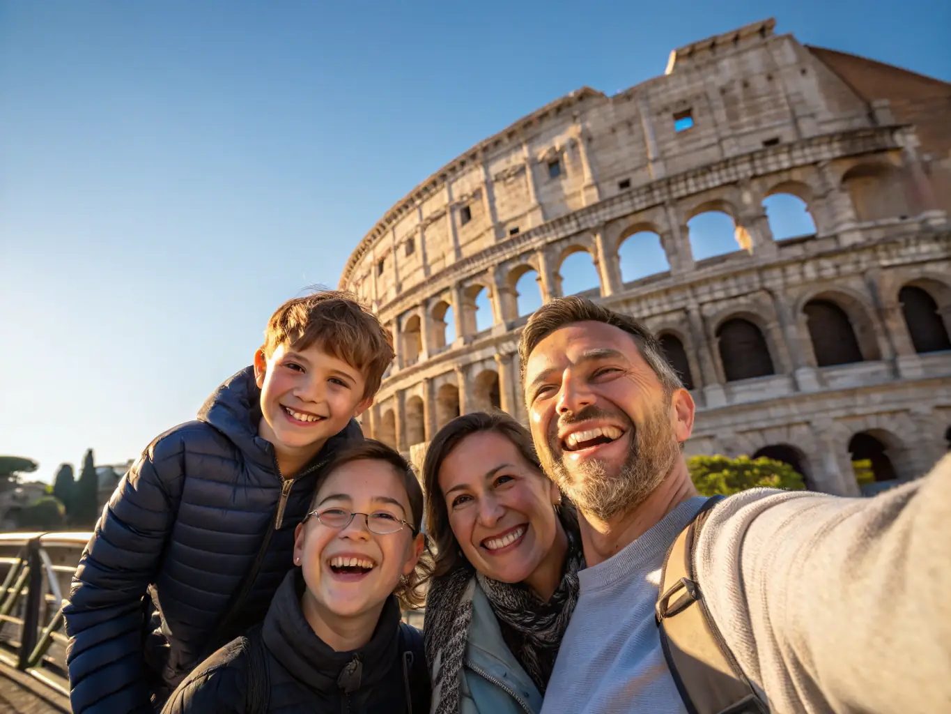A vibrant photo of a family exploring ancient ruins in Rome, capturing the excitement and educational value of Lizana World Travel's family adventure tours.
