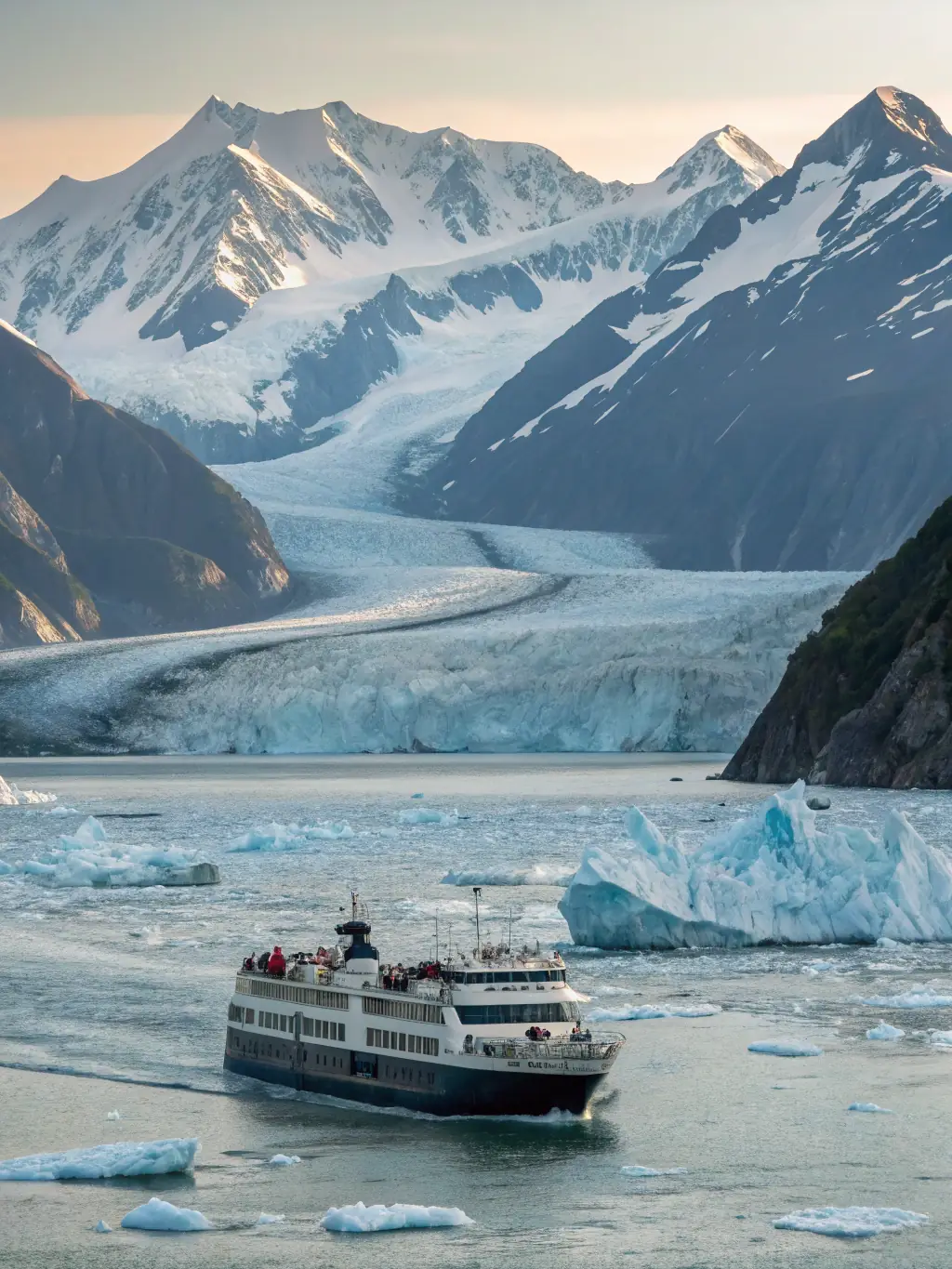 A stunning image of an Arctic cruise ship navigating through icy waters, with towering icebergs in the background, capturing the thrill of an Arctic expedition.